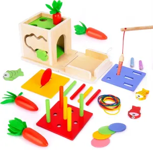 8 in 1 Wooden Montessori Baby Toys for 1 2 3 Year Old, Toddler Learning Toys Play Kit, Coin Box, Carrot Harvest, Christmas, Birthday Gift for Babies 6-12 Months.