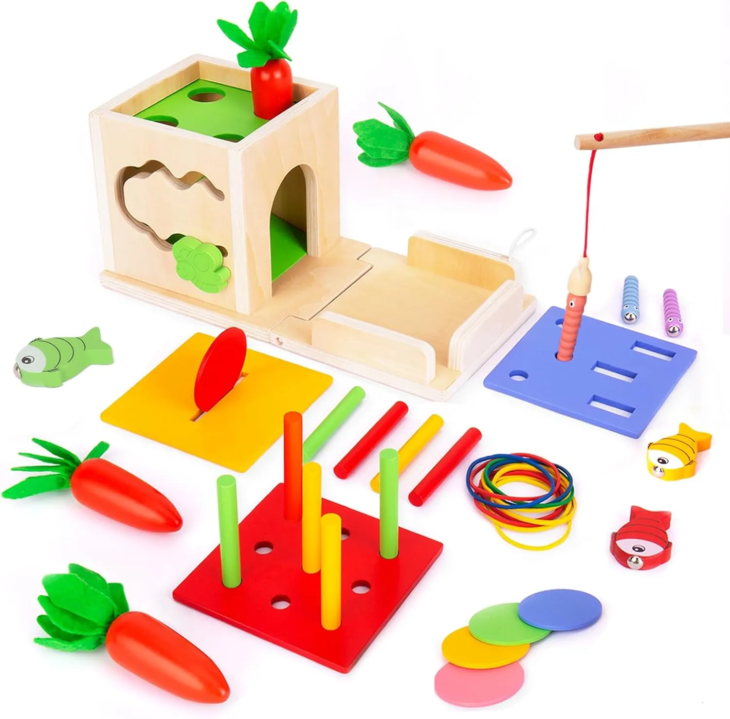 8 in 1 Wooden Montessori Baby Toys for 1 2 3 Year Old, Toddler Learning Toys Play Kit, Coin Box, Carrot Harvest, Christmas, Birthday Gift for Babies 6-12 Months.