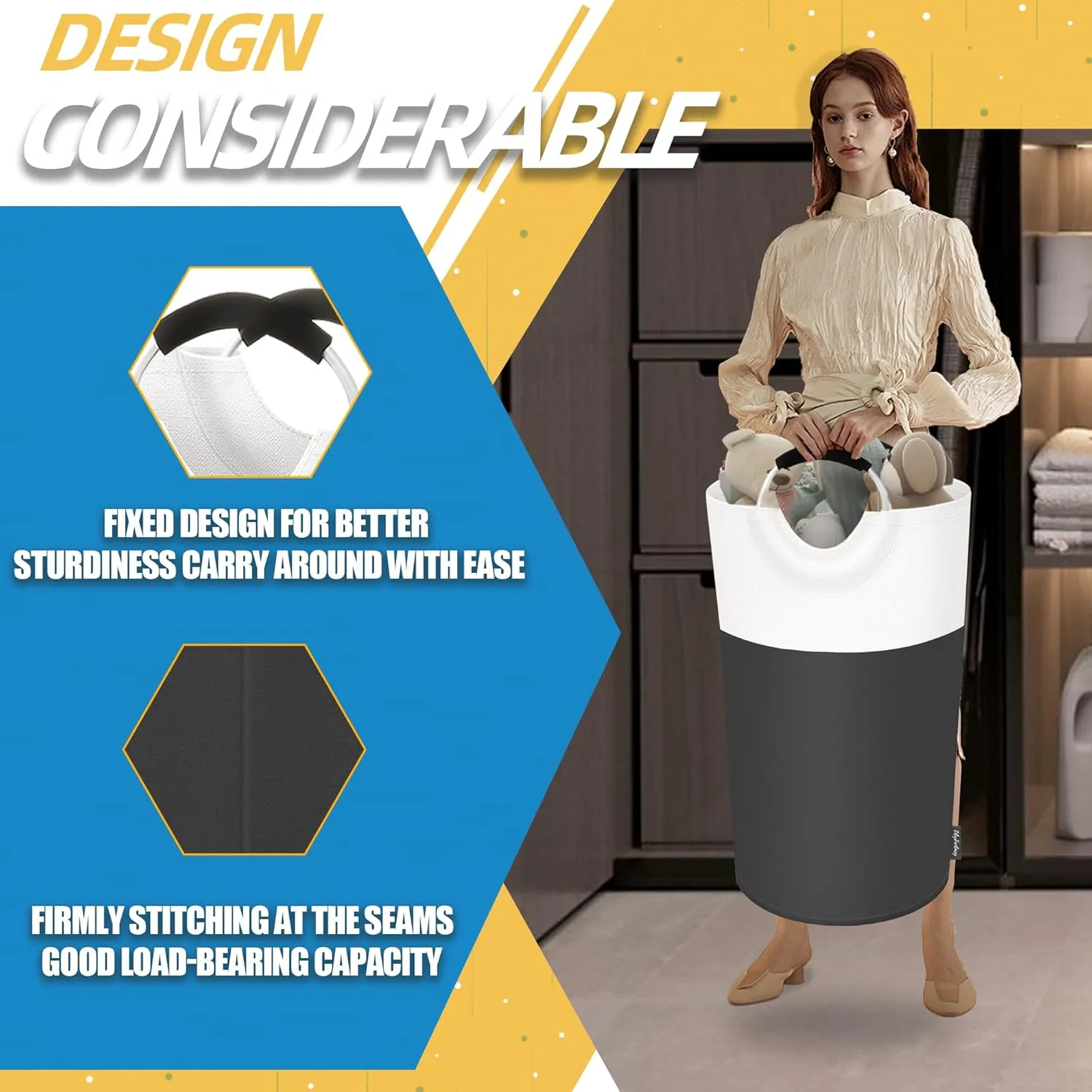 90L Laundry Basket, Collapsible Laundry Hamper with Padded Handles, Waterproof Laundry Bag, Tall Clothes Hamper Stand Up Well, Foldable Laundry Baskets for Easy Storage(Grey)