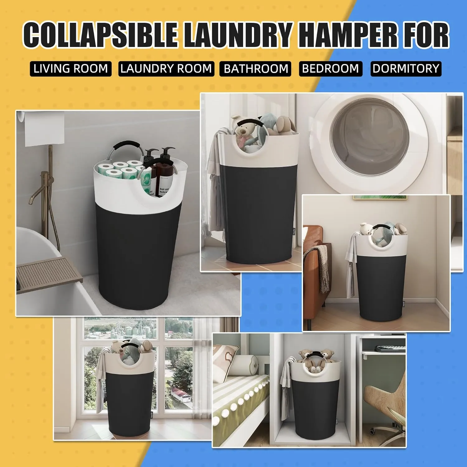 90L Laundry Basket, Collapsible Laundry Hamper with Padded Handles, Waterproof Laundry Bag, Tall Clothes Hamper Stand Up Well, Foldable Laundry Baskets for Easy Storage(Grey)