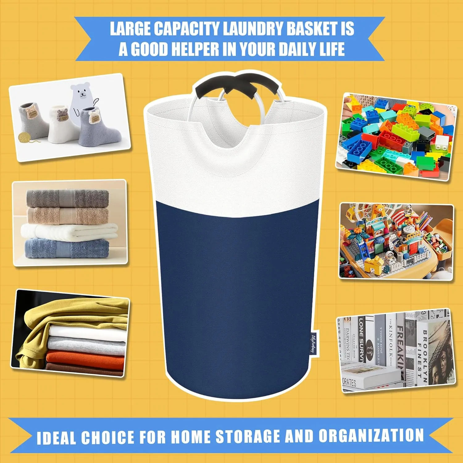 90L Laundry Basket, Collapsible Laundry Hamper with Padded Handles, Waterproof Laundry Bag, Tall Clothes Hamper Stand Up Well, Foldable Laundry Baskets for Easy Storage(Navy Blue)