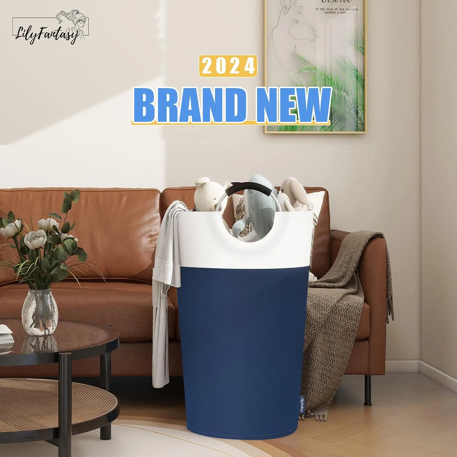 90L Laundry Basket, Collapsible Laundry Hamper with Padded Handles, Waterproof Laundry Bag, Tall Clothes Hamper Stand Up Well, Foldable Laundry Baskets for Easy Storage(Navy Blue)