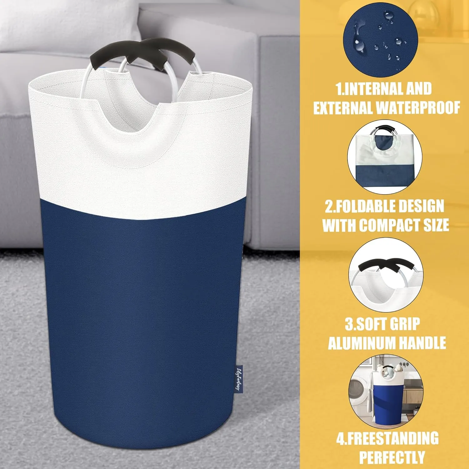 90L Laundry Basket, Collapsible Laundry Hamper with Padded Handles, Waterproof Laundry Bag, Tall Clothes Hamper Stand Up Well, Foldable Laundry Baskets for Easy Storage(Navy Blue)