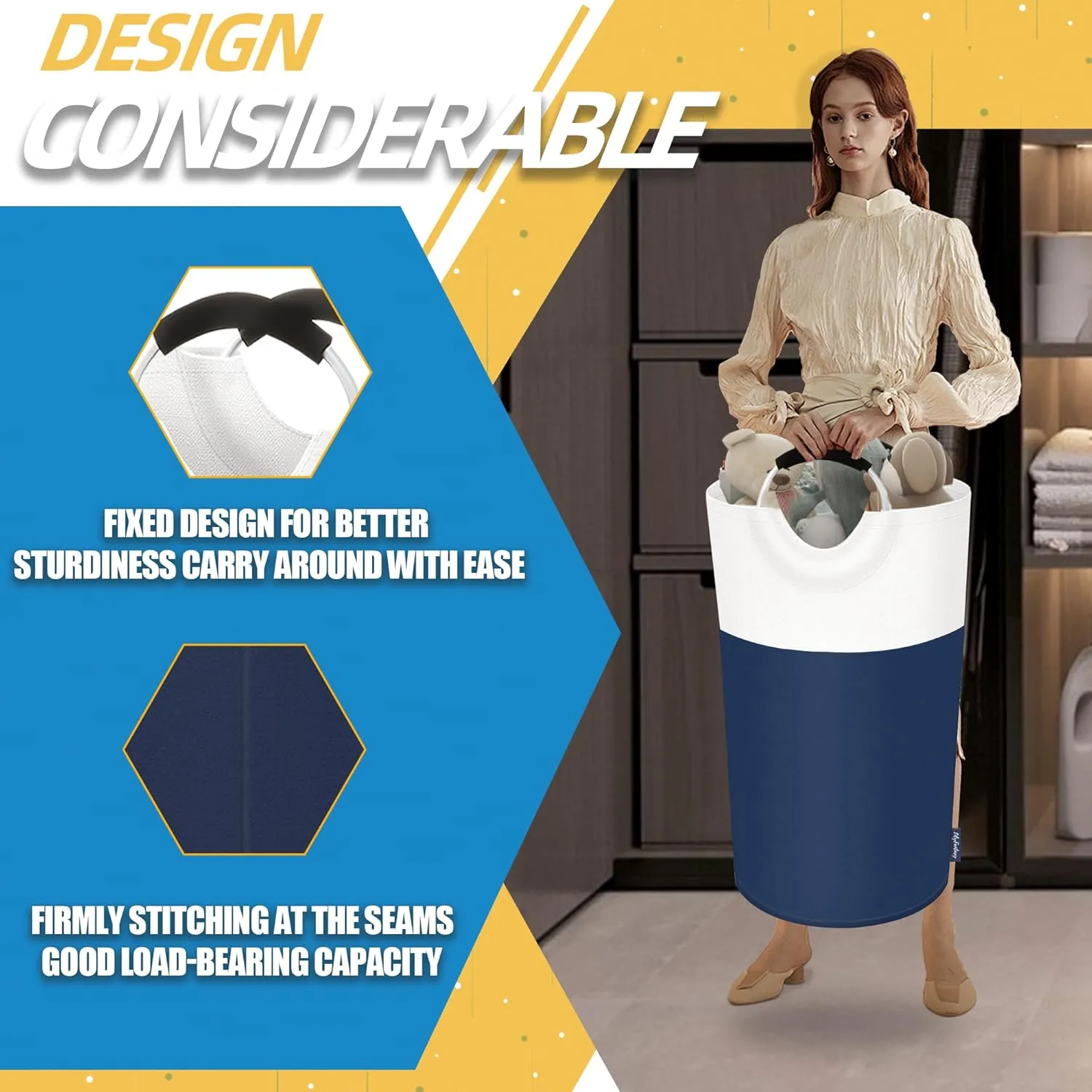 90L Laundry Basket, Collapsible Laundry Hamper with Padded Handles, Waterproof Laundry Bag, Tall Clothes Hamper Stand Up Well, Foldable Laundry Baskets for Easy Storage(Navy Blue)