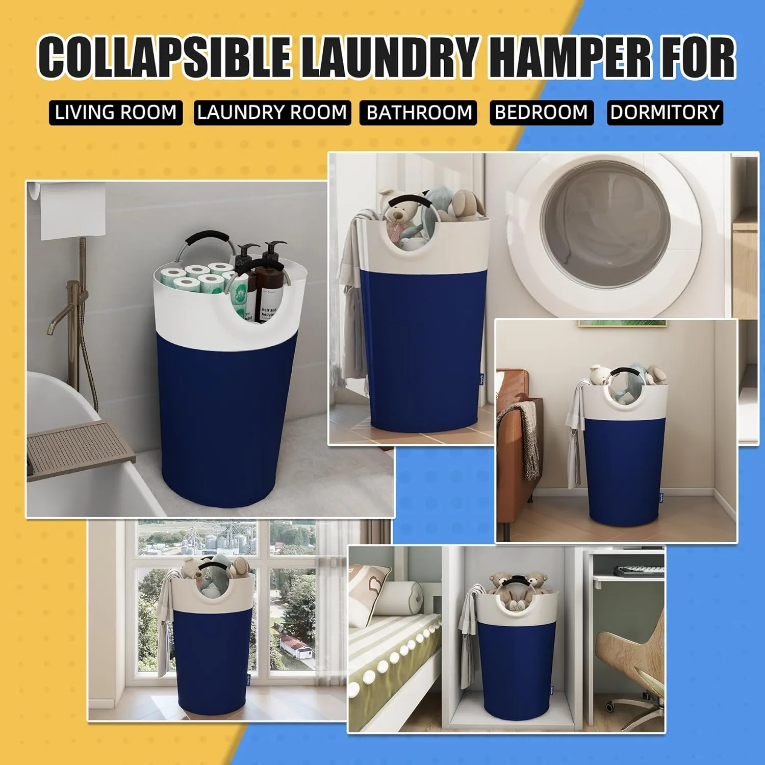 90L Laundry Basket, Collapsible Laundry Hamper with Padded Handles, Waterproof Laundry Bag, Tall Clothes Hamper Stand Up Well, Foldable Laundry Baskets for Easy Storage(Navy Blue)