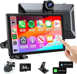 9" Wireless Carplay Screen for Car,Portable Apple Carplay & Android Auto Car Stereo Audio Receivers,with 4K Dash Cam,1080P Backup Camera,GPS Navigation, Mirror Link,Bluetooth,Voice Contro,Siri
