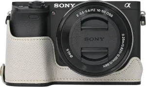 A6400 Case, BMAOLLONGB Handmade PU Carbon Fibre Leather Half Camera Case Bag Cover Bottom Opening Version for Sony Alpha A6400 with Hand Strap (White)