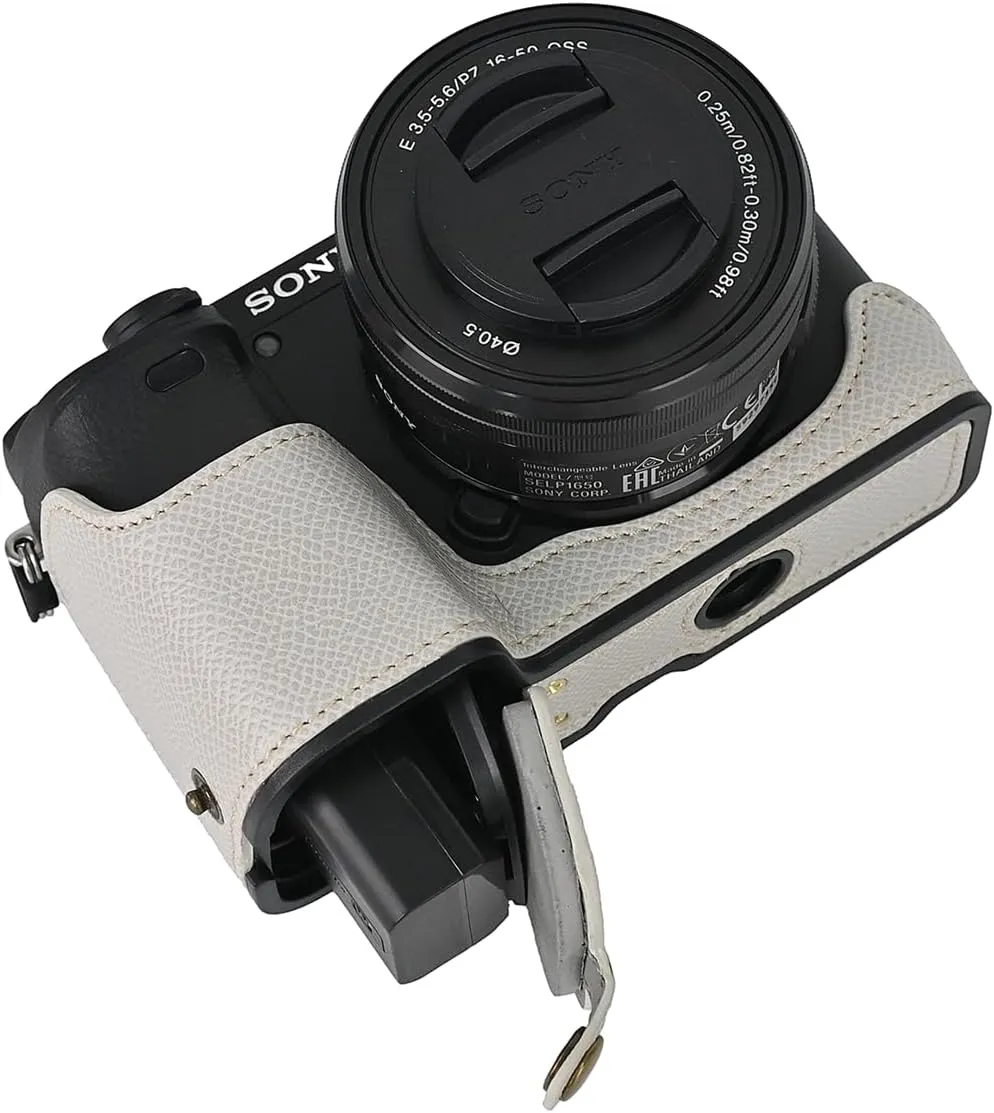 A6400 Case, BMAOLLONGB Handmade PU Carbon Fibre Leather Half Camera Case Bag Cover Bottom Opening Version for Sony Alpha A6400 with Hand Strap (White)