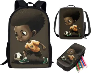 African Black Boy Backpack With Lunch Box for Kids 7-10/10-12 Years Old Football School Bag Middle Elementary School Bookbag Lunch Bag Pencil Case Afro American 17 Inch Back Pack