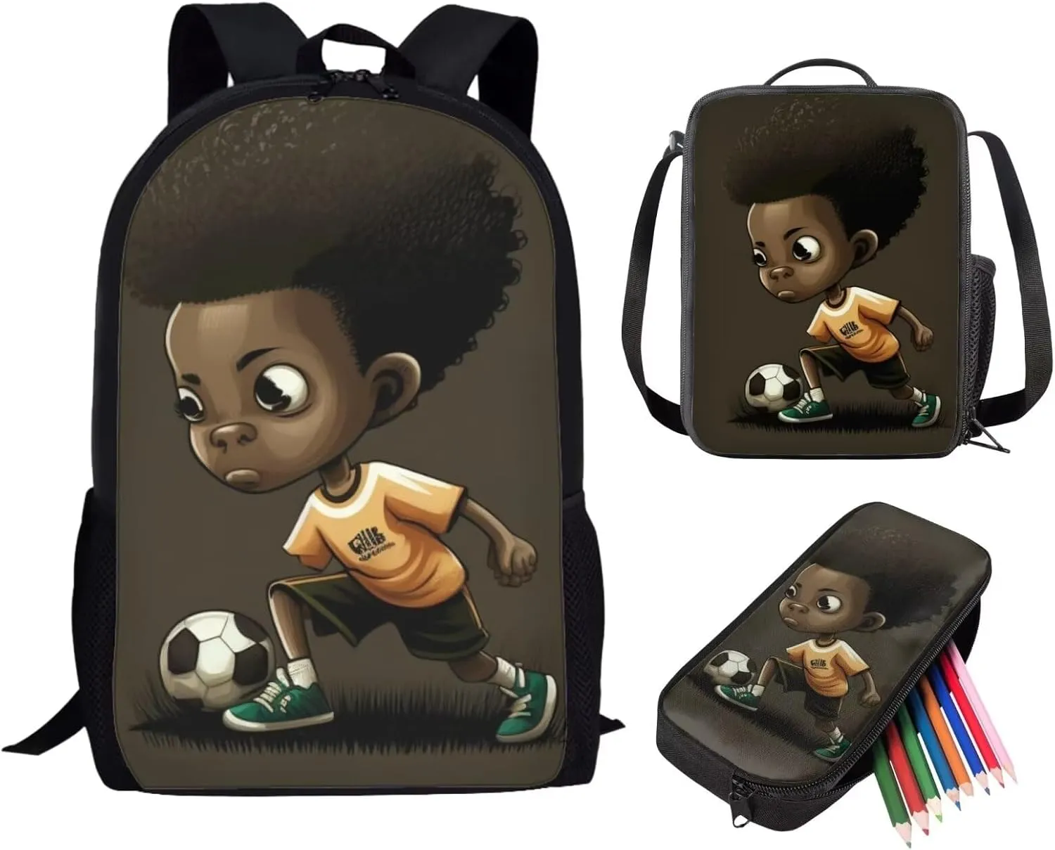 African Black Boy Backpack With Lunch Box for Kids 7-10/10-12 Years Old Football School Bag Middle Elementary School Bookbag Lunch Bag Pencil Case Afro American 17 Inch Back Pack