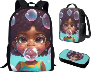 African Girl Bubble Blowing School Bags for Teen Kids American Afro Black Backpack with Lunch Box Pencil Case,Elementary/Primary Bookbag Ages 8-10/12-14/14-16 Back Pack 17 inch