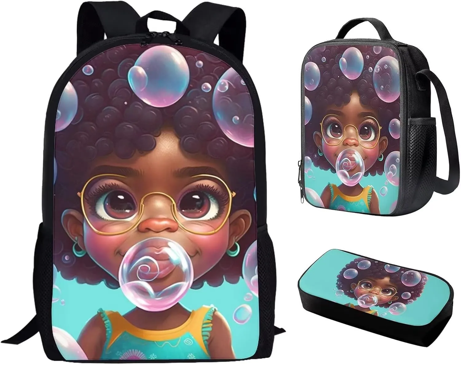African Girl Bubble Blowing School Bags for Teen Kids American Afro Black Backpack with Lunch Box Pencil Case,Elementary/Primary Bookbag Ages 8-10/12-14/14-16 Back Pack 17 inch