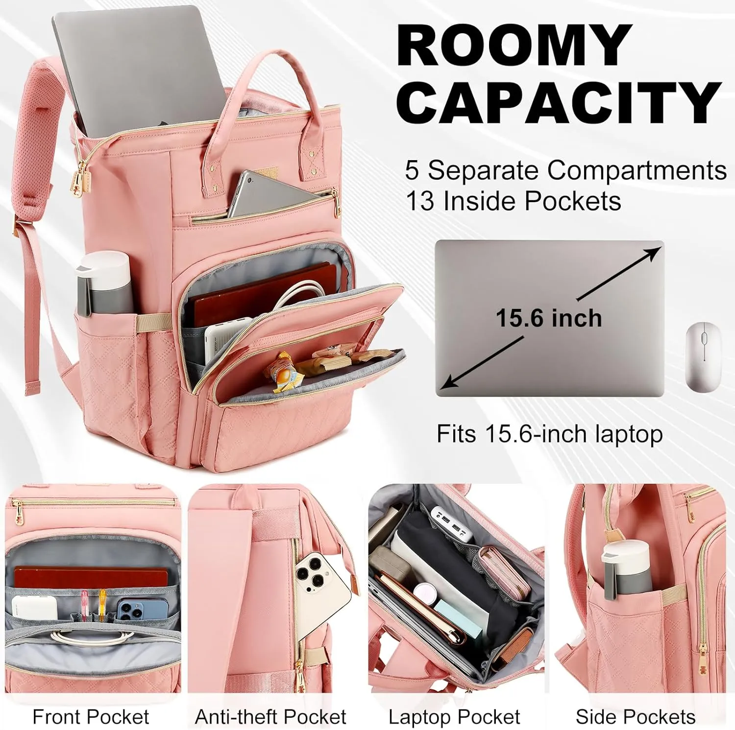 AIJIEKE Lunch Backpack for Women, 15.6 inch Laptop Backpack with Insulated Cooler Lunch Bag Set for Lunch Box Work Backpack for Travel Nurse Teacher, Pink