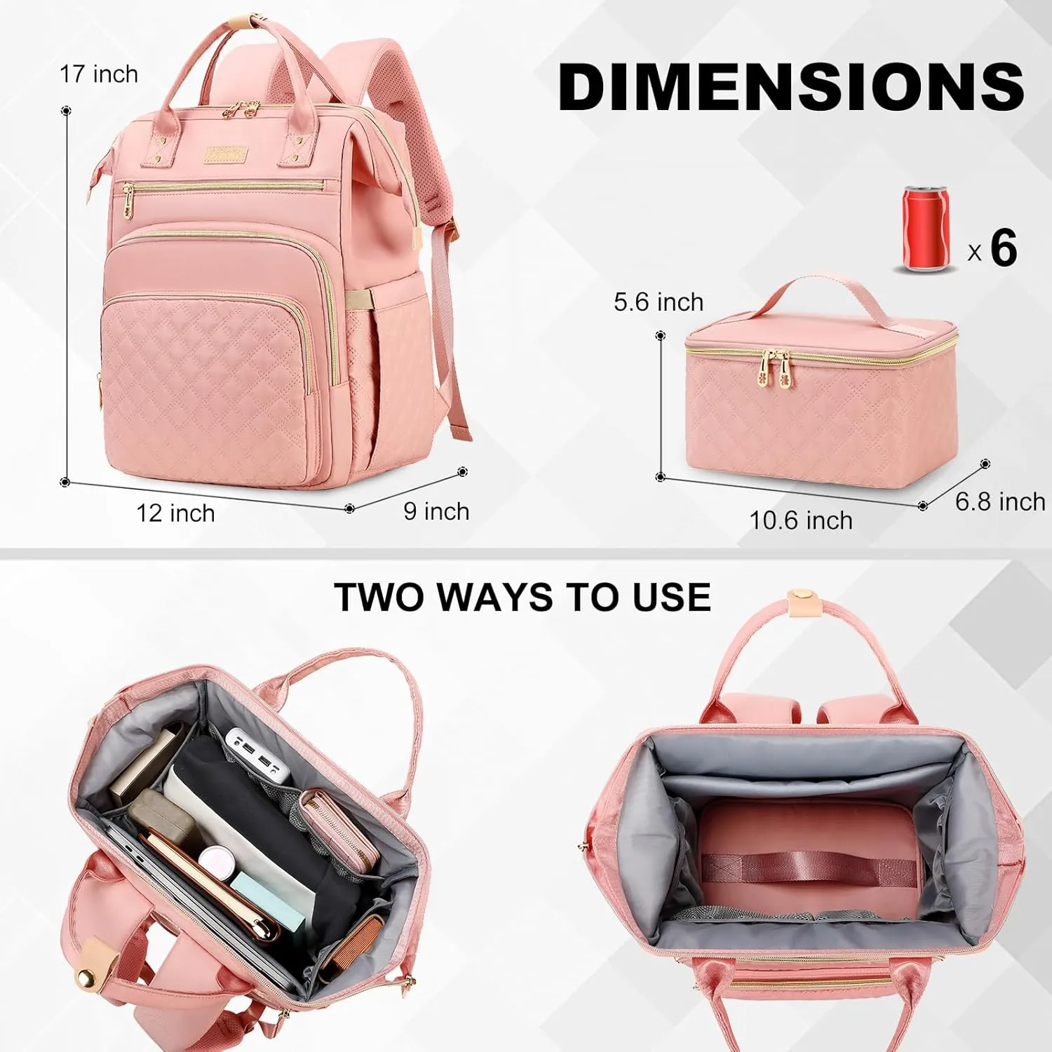 AIJIEKE Lunch Backpack for Women, 15.6 inch Laptop Backpack with Insulated Cooler Lunch Bag Set for Lunch Box Work Backpack for Travel Nurse Teacher, Pink