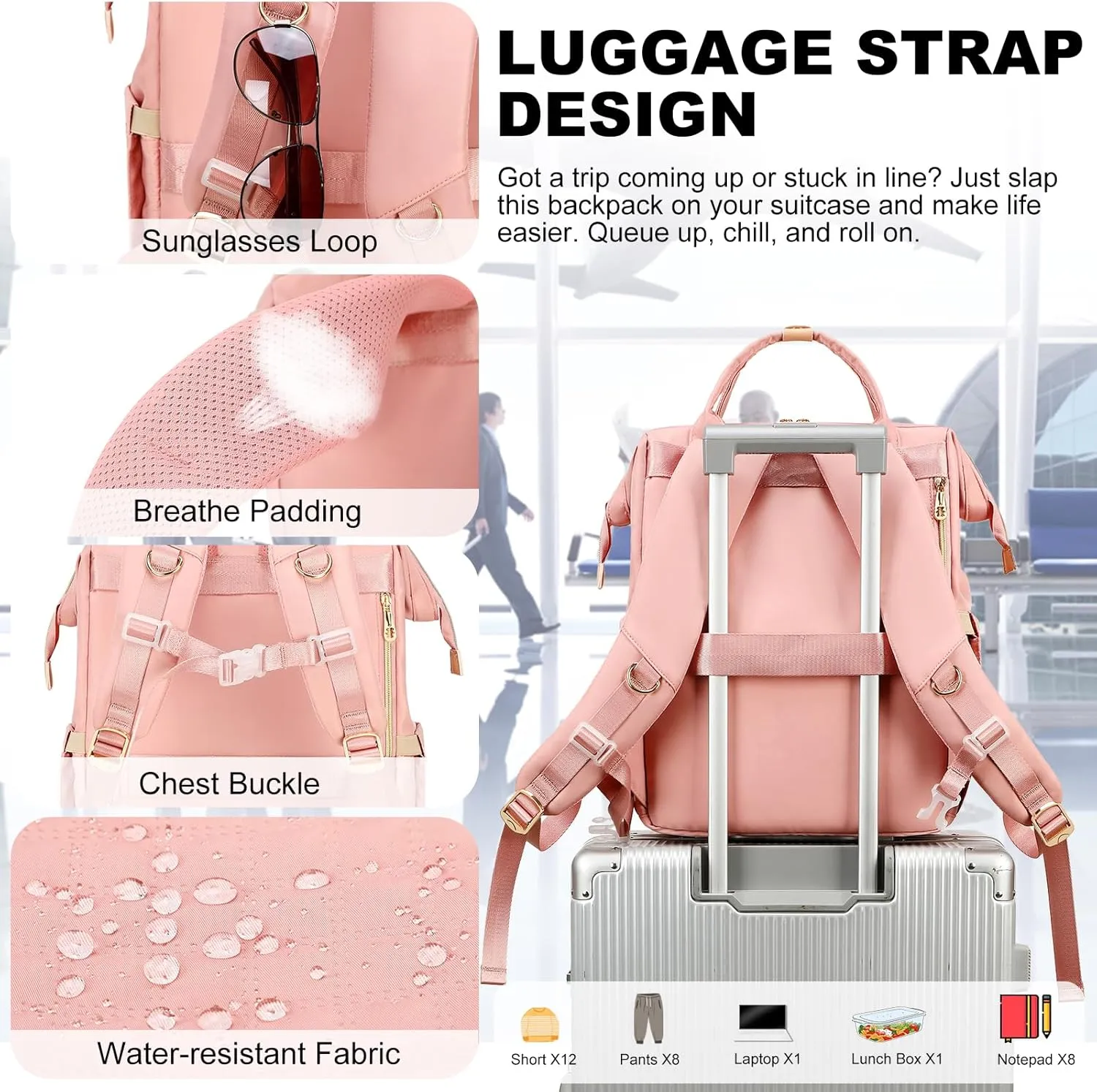 AIJIEKE Lunch Backpack for Women, 15.6 inch Laptop Backpack with Insulated Cooler Lunch Bag Set for Lunch Box Work Backpack for Travel Nurse Teacher, Pink