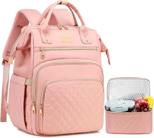 AIJIEKE Lunch Backpack for Women, 15.6 inch Laptop Backpack with Insulated Cooler Lunch Bag Set for Lunch Box Work Backpack for Travel Nurse Teacher, Pink