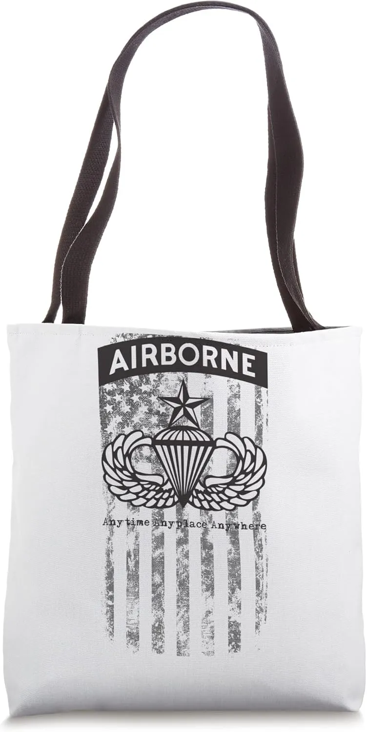Airborne Senior Parachutist Flag “Anytime Anyplace Anywhere" Tote Bag
