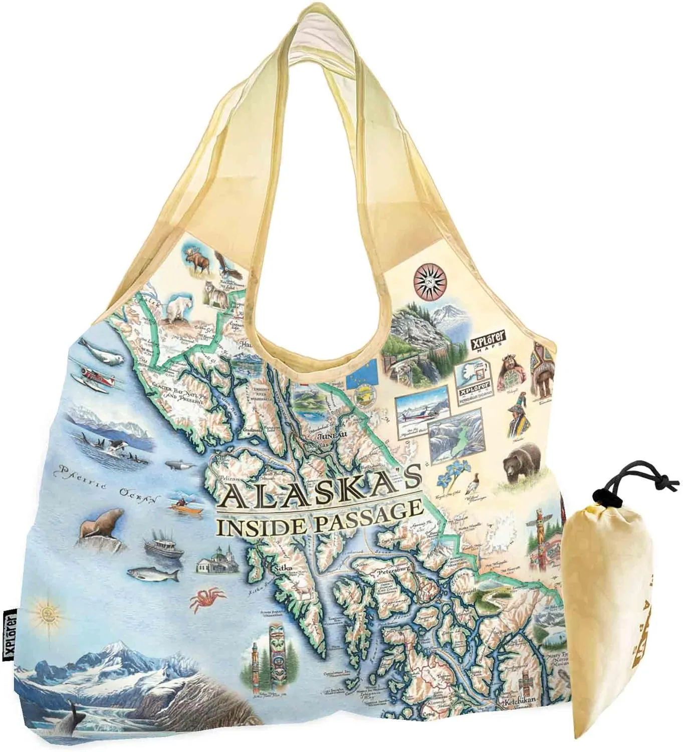 Alaska's Inside Passage Map Nylon Pouch Tote Bag with Handles – Reusable, Eco-Friendly Shopping Bag, Washable, 18" Wide by 25" Tall