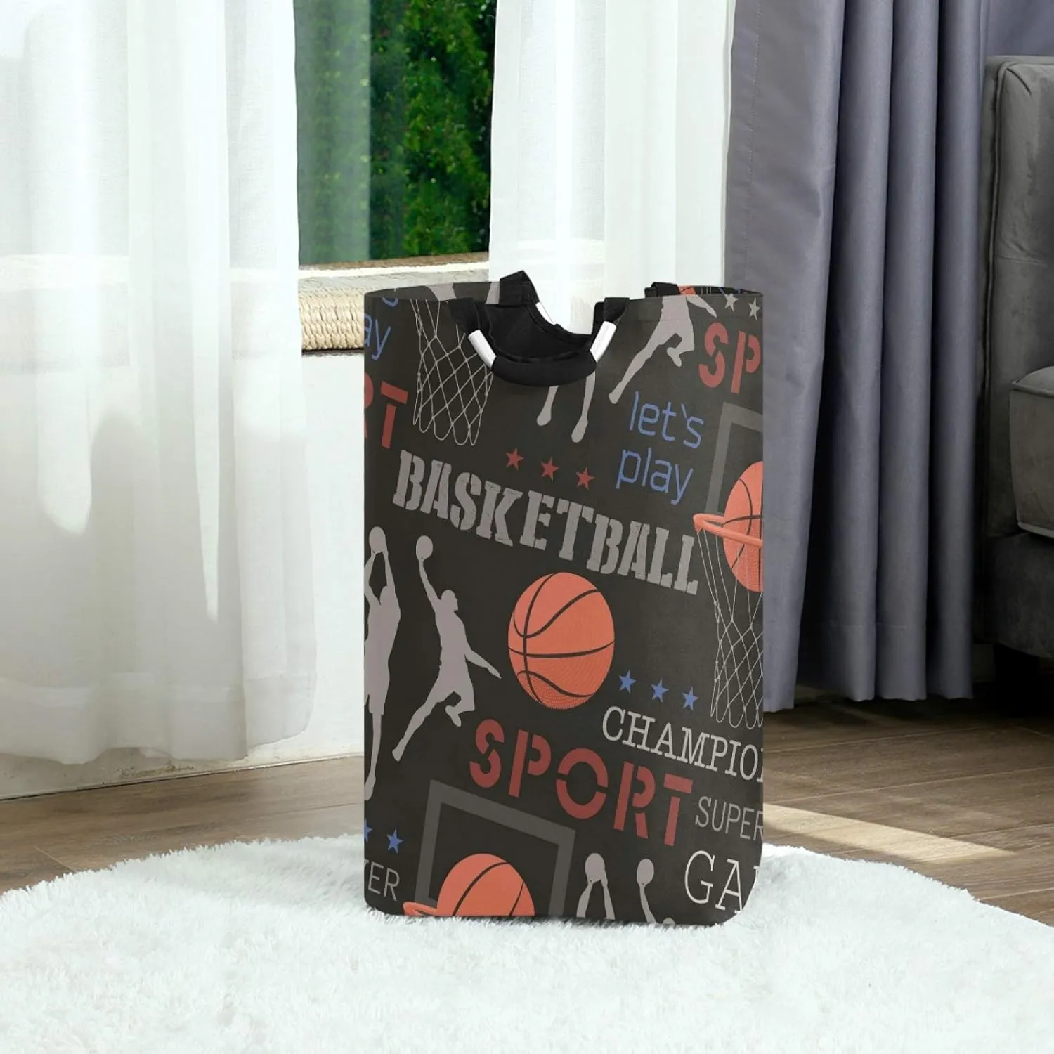 ALAZA Large Laundry Basket Basketball Pattern Print Sports Laundry Bag Hamper Collapsible Oxford Cloth Stylish Home Storage Bin with Handles, 22.7 Inch