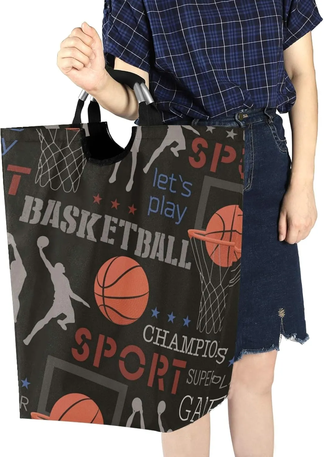 ALAZA Large Laundry Basket Basketball Pattern Print Sports Laundry Bag Hamper Collapsible Oxford Cloth Stylish Home Storage Bin with Handles, 22.7 Inch