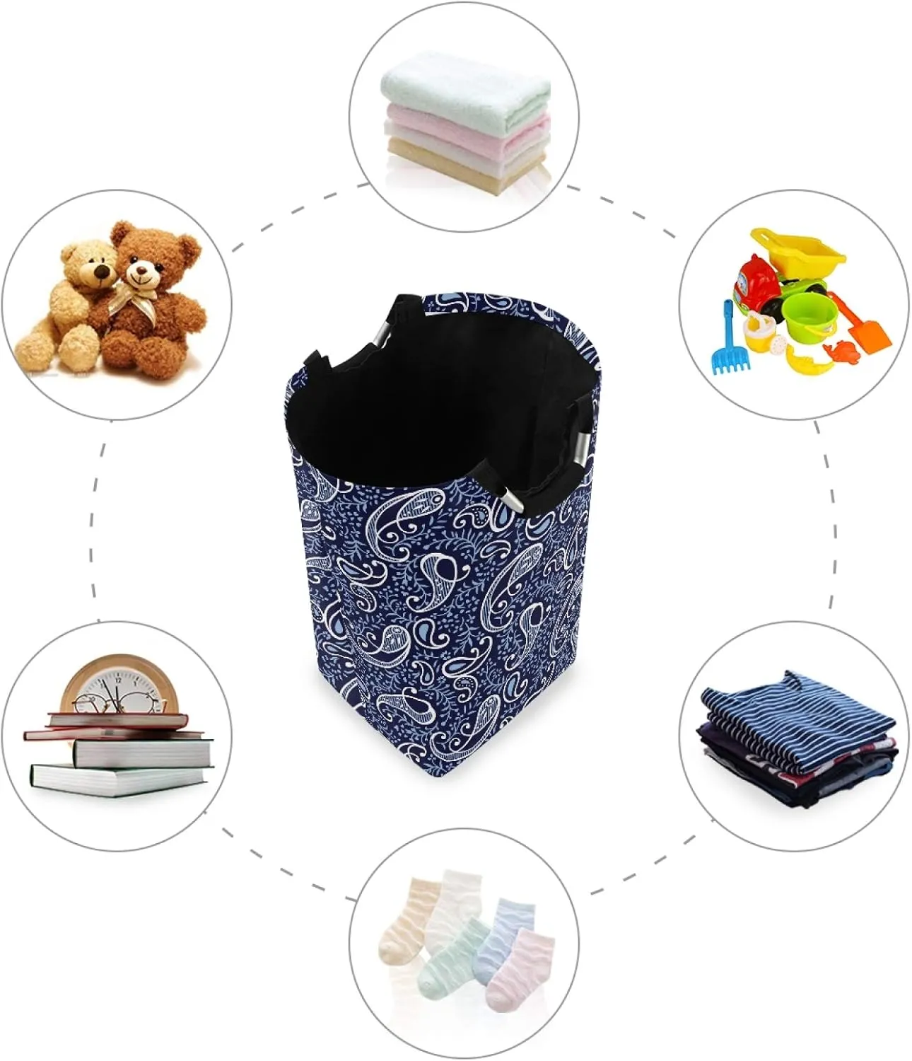 ALAZA Large Laundry Hamper Basket Floral Paisley Navy Blue Traditional Pattern Laundry Bag Collapsible Oxford Cloth Stylish Home Storage Bin with Handles, 22.7 Inch