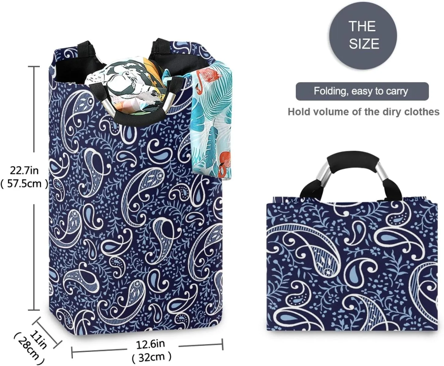 ALAZA Large Laundry Hamper Basket Floral Paisley Navy Blue Traditional Pattern Laundry Bag Collapsible Oxford Cloth Stylish Home Storage Bin with Handles, 22.7 Inch