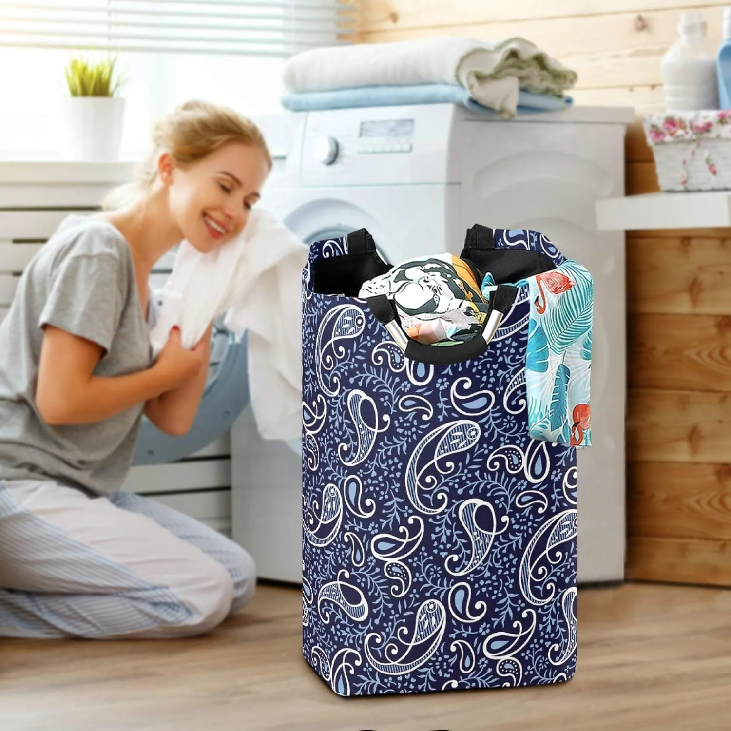 ALAZA Large Laundry Hamper Basket Floral Paisley Navy Blue Traditional Pattern Laundry Bag Collapsible Oxford Cloth Stylish Home Storage Bin with Handles, 22.7 Inch
