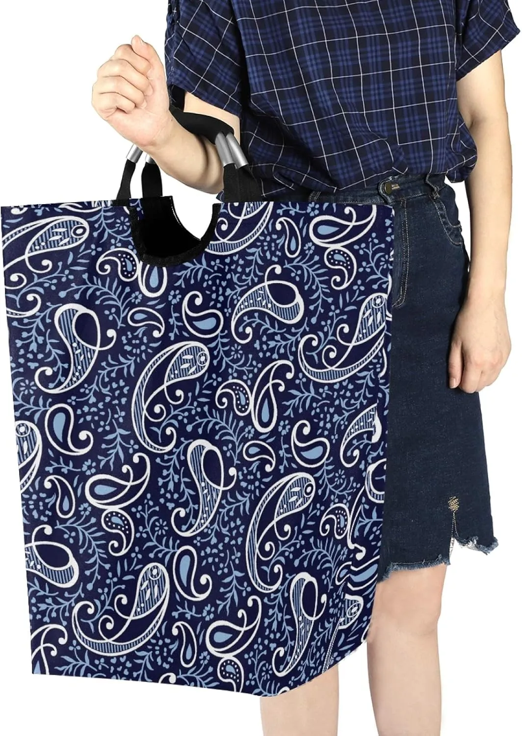 ALAZA Large Laundry Hamper Basket Floral Paisley Navy Blue Traditional Pattern Laundry Bag Collapsible Oxford Cloth Stylish Home Storage Bin with Handles, 22.7 Inch