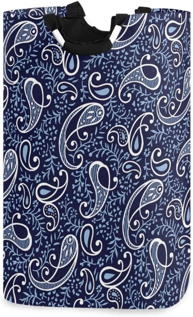 ALAZA Large Laundry Hamper Basket Floral Paisley Navy Blue Traditional Pattern Laundry Bag Collapsible Oxford Cloth Stylish Home Storage Bin with Handles, 22.7 Inch