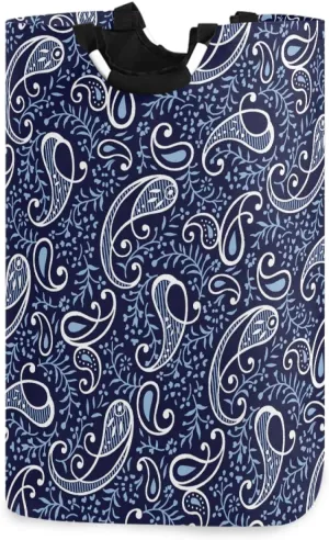 ALAZA Large Laundry Hamper Basket Floral Paisley Navy Blue Traditional Pattern Laundry Bag Collapsible Oxford Cloth Stylish Home Storage Bin with Handles, 22.7 Inch