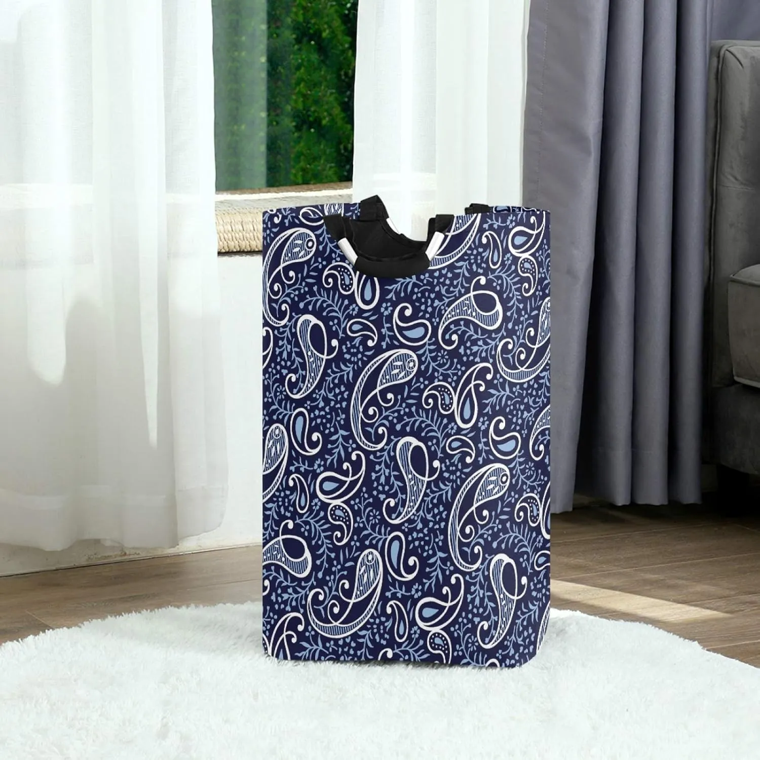 ALAZA Large Laundry Hamper Basket Floral Paisley Navy Blue Traditional Pattern Laundry Bag Collapsible Oxford Cloth Stylish Home Storage Bin with Handles, 22.7 Inch