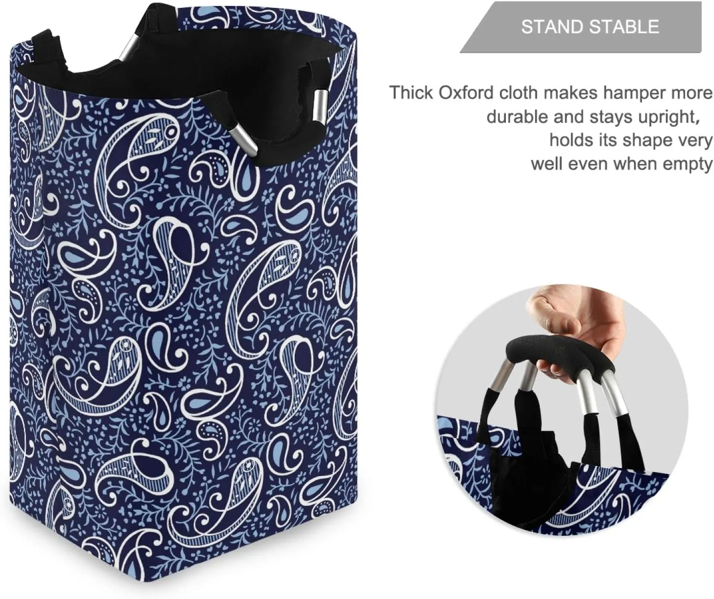 ALAZA Large Laundry Hamper Basket Floral Paisley Navy Blue Traditional Pattern Laundry Bag Collapsible Oxford Cloth Stylish Home Storage Bin with Handles, 22.7 Inch