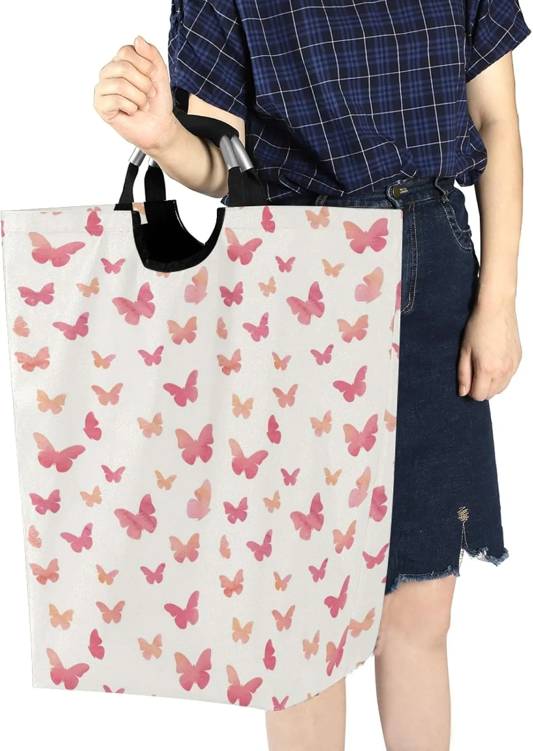 ALAZA Large Laundry Hamper Basket Watercolor Pink Butterfly Laundry Bag Collapsible Oxford Cloth Stylish Home Storage Bin with Handles, 22.7 Inch