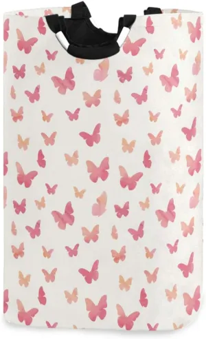 ALAZA Large Laundry Hamper Basket Watercolor Pink Butterfly Laundry Bag Collapsible Oxford Cloth Stylish Home Storage Bin with Handles, 22.7 Inch