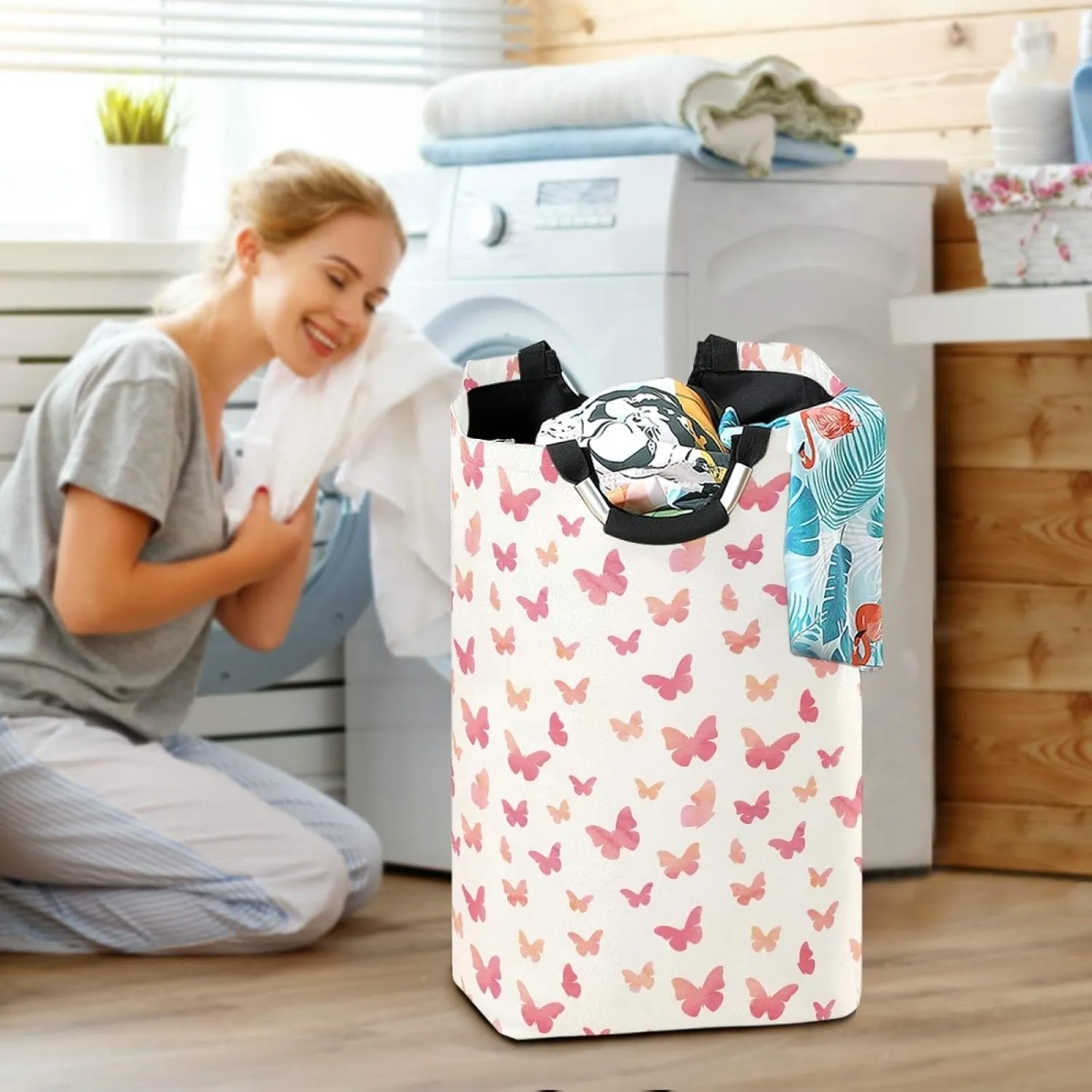 ALAZA Large Laundry Hamper Basket Watercolor Pink Butterfly Laundry Bag Collapsible Oxford Cloth Stylish Home Storage Bin with Handles, 22.7 Inch