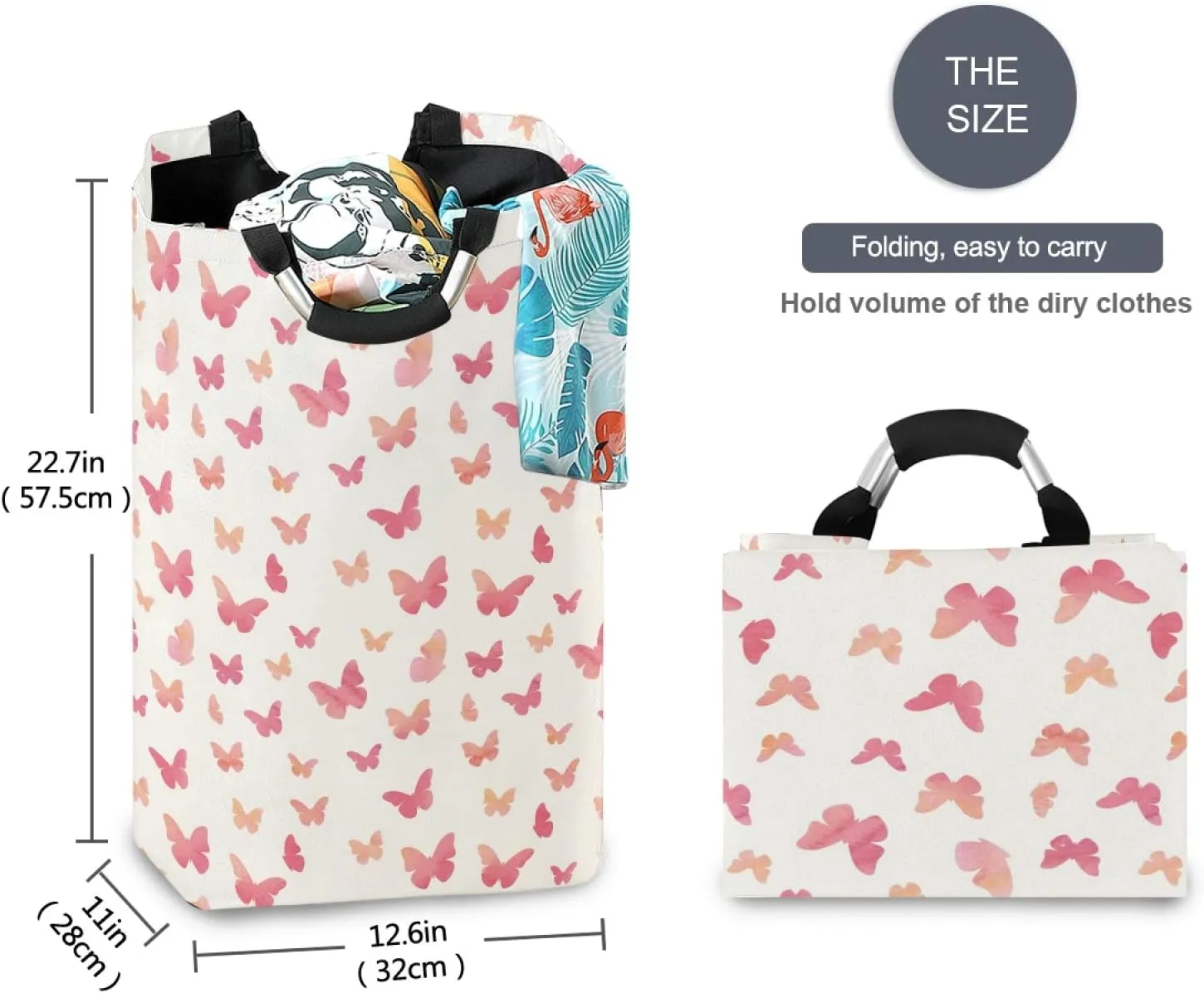 ALAZA Large Laundry Hamper Basket Watercolor Pink Butterfly Laundry Bag Collapsible Oxford Cloth Stylish Home Storage Bin with Handles, 22.7 Inch