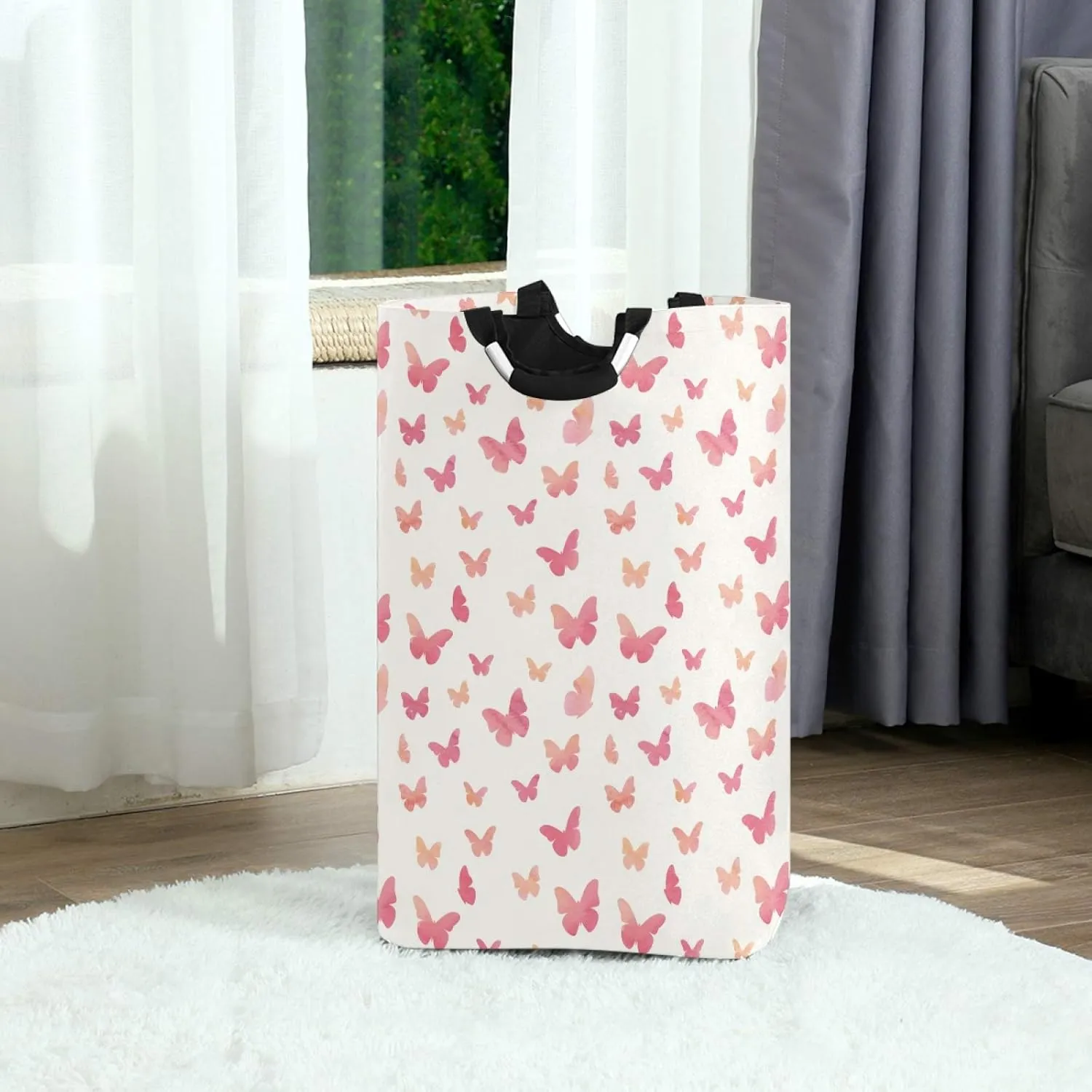 ALAZA Large Laundry Hamper Basket Watercolor Pink Butterfly Laundry Bag Collapsible Oxford Cloth Stylish Home Storage Bin with Handles, 22.7 Inch
