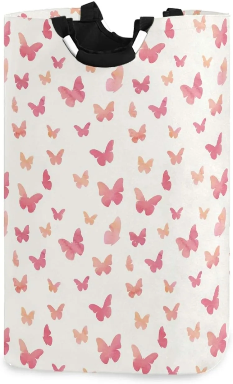 ALAZA Large Laundry Hamper Basket Watercolor Pink Butterfly Laundry Bag Collapsible Oxford Cloth Stylish Home Storage Bin with Handles, 22.7 Inch
