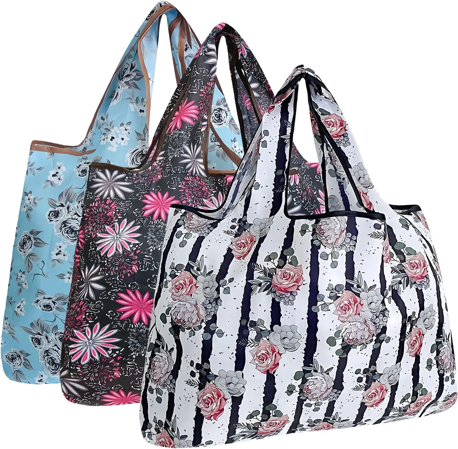 alldyrew Large Foldable Tote Nylon Reusable Grocery Bag, 3 Pack