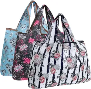 alldyrew Large Foldable Tote Nylon Reusable Grocery Bag, 3 Pack