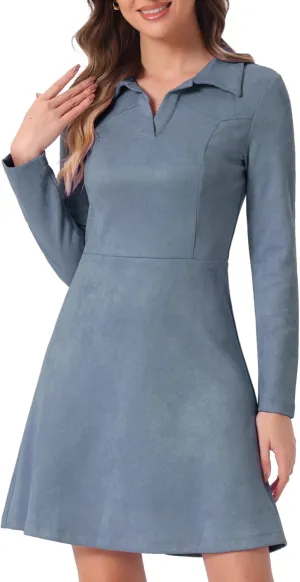 Allegra K Women's Faux Suede Dress V Neck Long Sleeve 2024 Fall Winter A-Line Mini Dress