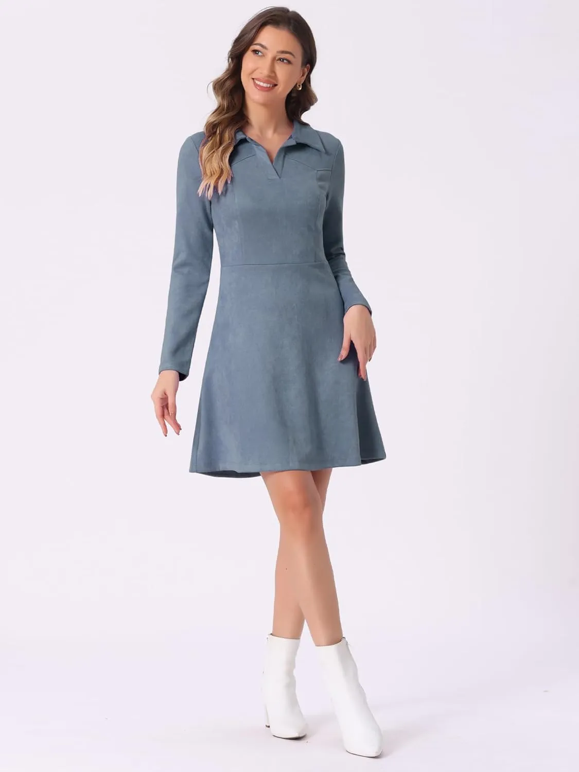 Allegra K Women's Faux Suede Dress V Neck Long Sleeve 2024 Fall Winter A-Line Mini Dress