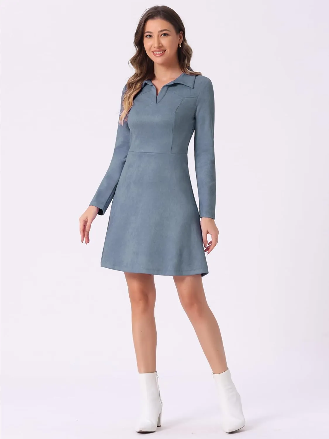 Allegra K Women's Faux Suede Dress V Neck Long Sleeve 2024 Fall Winter A-Line Mini Dress