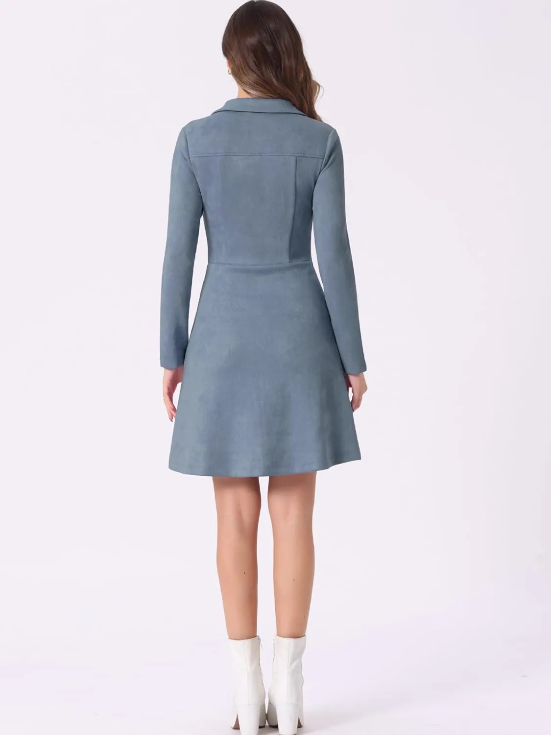 Allegra K Women's Faux Suede Dress V Neck Long Sleeve 2024 Fall Winter A-Line Mini Dress
