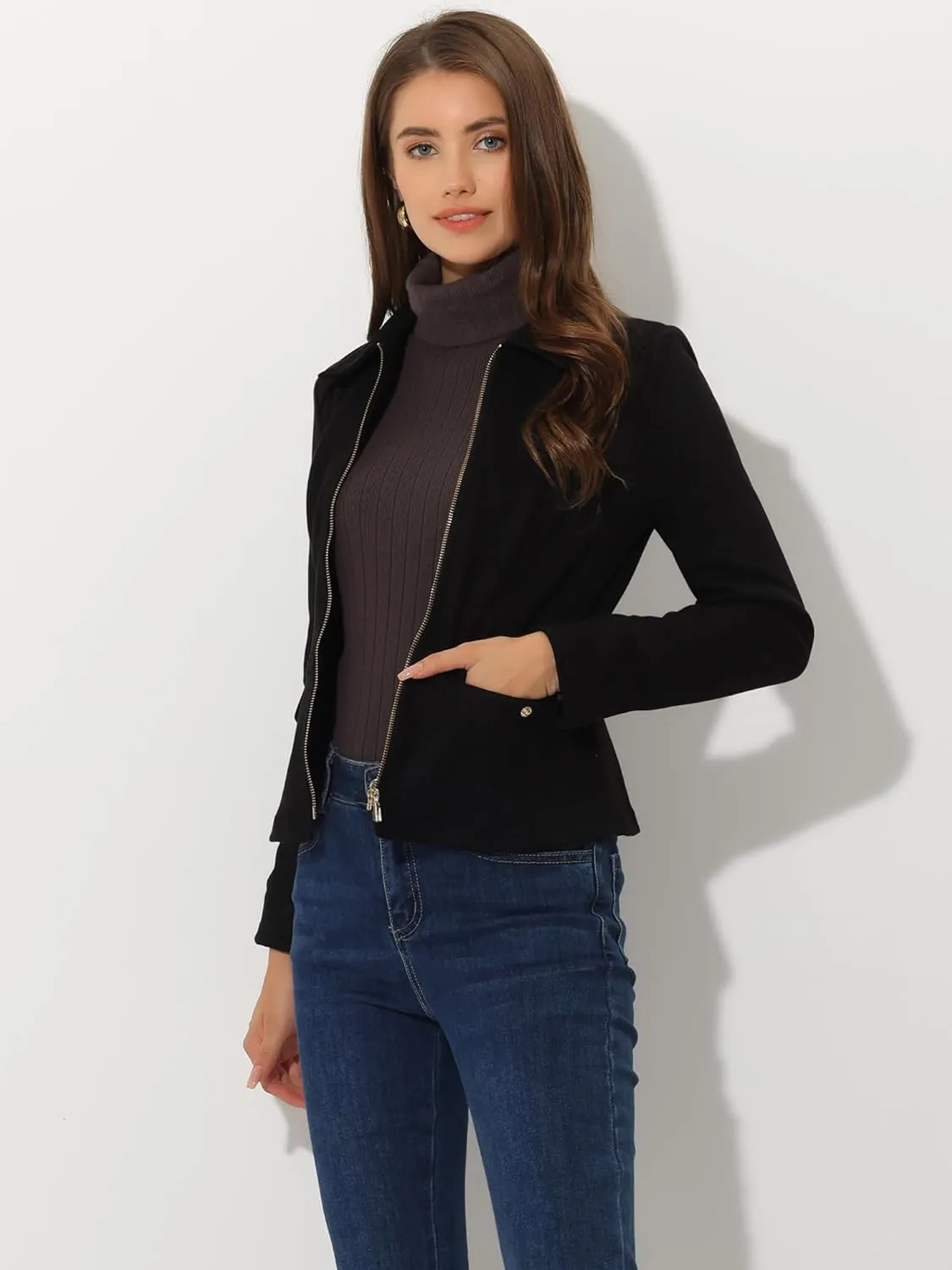 Allegra K Women's Faux Suede Jacket Short Zip Up Motorcycle Biker Coat