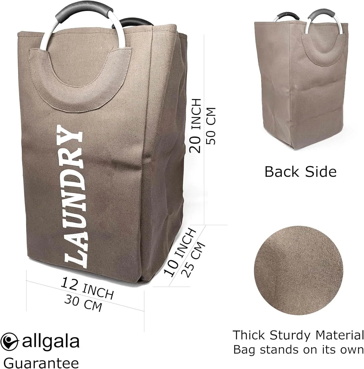 Allgala Canvas Like Waterproof Laundry Bag with Aluminium Handle Laundry Hamper Basket Clothes Hamper Self Standing Collapsible for Easy Storage or Transportation-Brown-LB80506