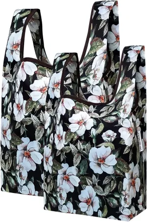 allydrew JoliBag Nylon Reusable Grocery Bag, 2 Pack, White Flowers