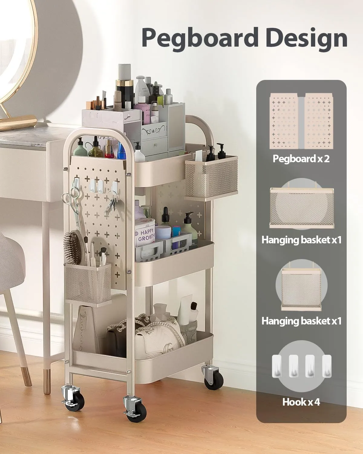 ALVOROG 3 Tier Rolling Cart with DIY Pegboards Metal Utility Cart with Wheels Handles Baskets Hooks, Craft Cart for Office Kitchen Bathroom(Khaki)