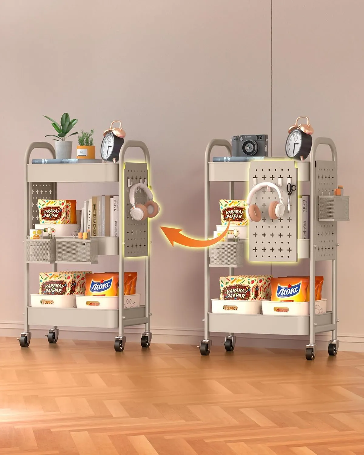 ALVOROG 3 Tier Rolling Cart with DIY Pegboards Metal Utility Cart with Wheels Handles Baskets Hooks, Craft Cart for Office Kitchen Bathroom(Khaki)