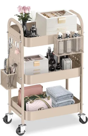ALVOROG 3 Tier Rolling Cart with DIY Pegboards Metal Utility Cart with Wheels Handles Baskets Hooks, Craft Cart for Office Kitchen Bathroom(Khaki)